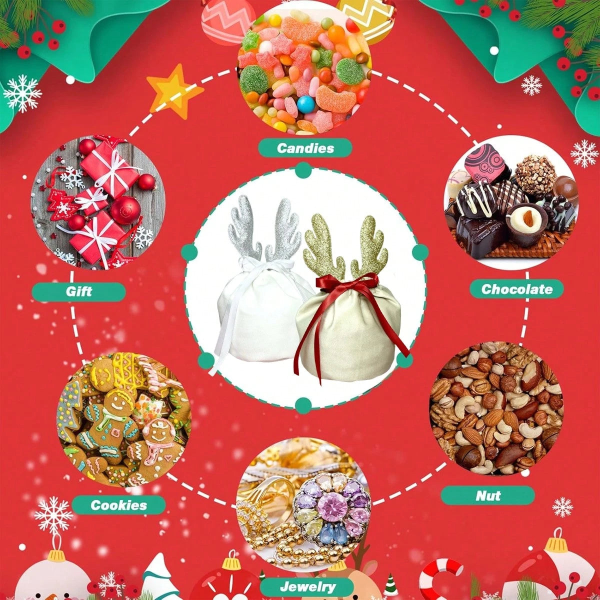 5 Pcs Christmas Gift Pouch Christmas Velvet Drawstring Bag Christmas Treat Bags With Drawstring Christmas Drawstring Wrapping Bags For Jewelry Xmas Party Supplies